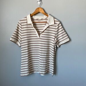 Lands End Striped Ribbed Polo Shirt Women's L Beige Brown Short Sleeve Collar